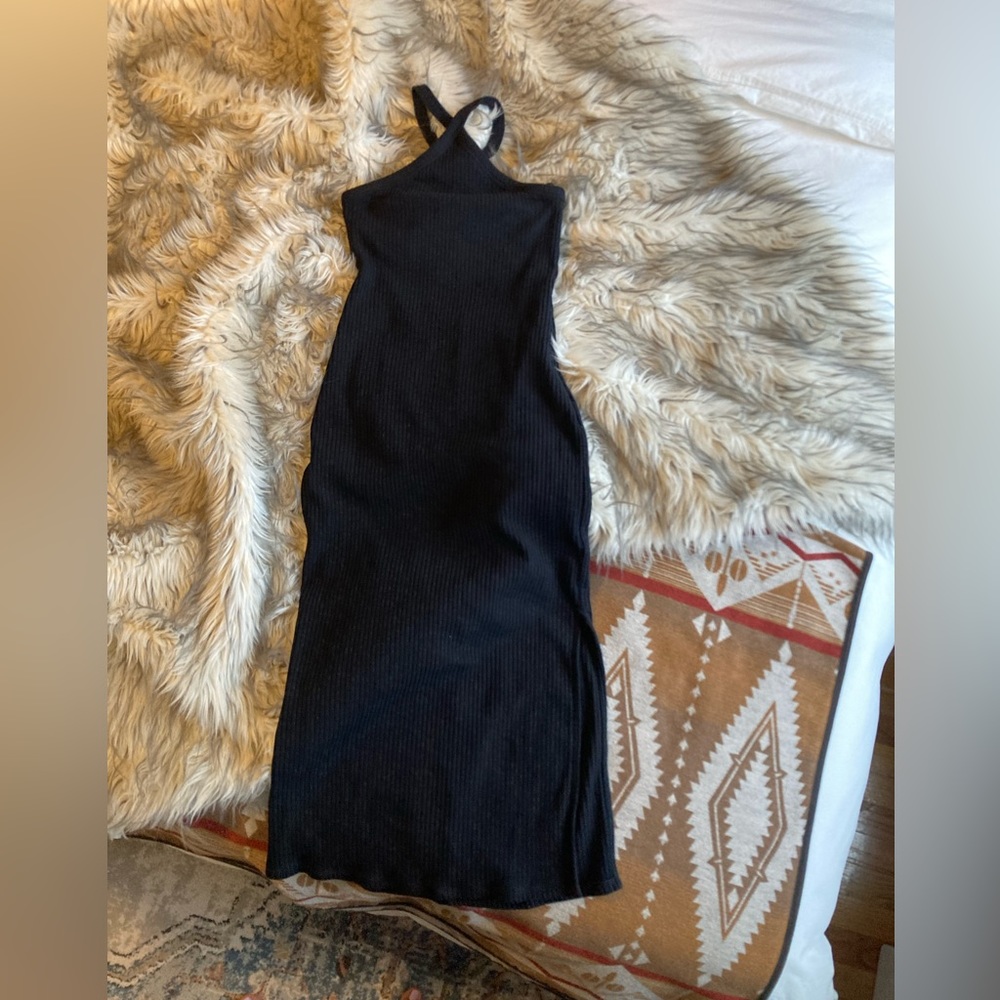 Women’s Fitted Rib-Knit Halter Black Midi Dress- Size S
